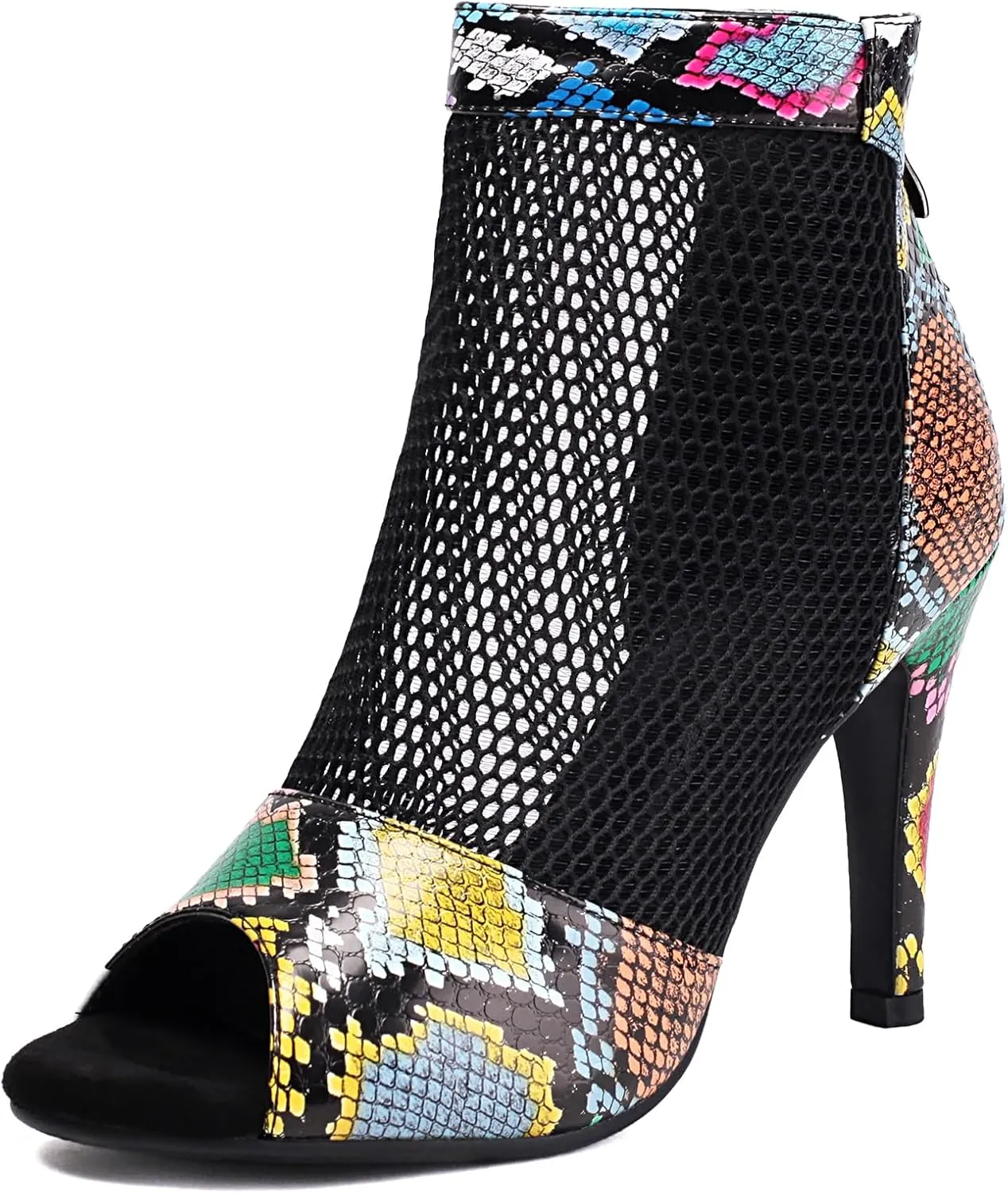 Fashion Peep Toe Mesh Air Snakeskin Booties Women Gladiator Summer Booties Open Toe Leopard Ankle Boots Stiletto High Heeled Dance Wedding Party Sandals