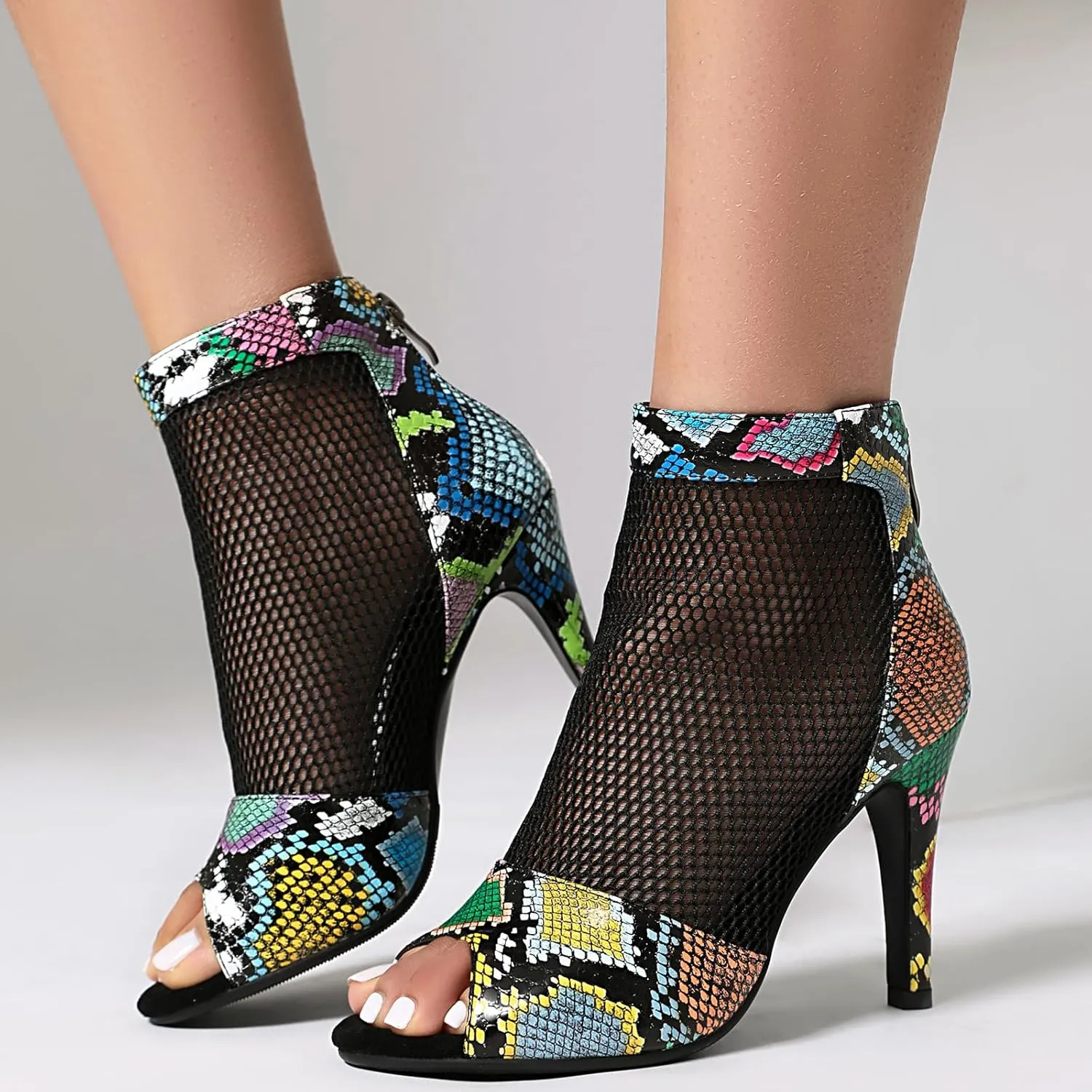 Fashion Peep Toe Mesh Air Snakeskin Booties Women Gladiator Summer Booties Open Toe Leopard Ankle Boots Stiletto High Heeled Dance Wedding Party Sandals