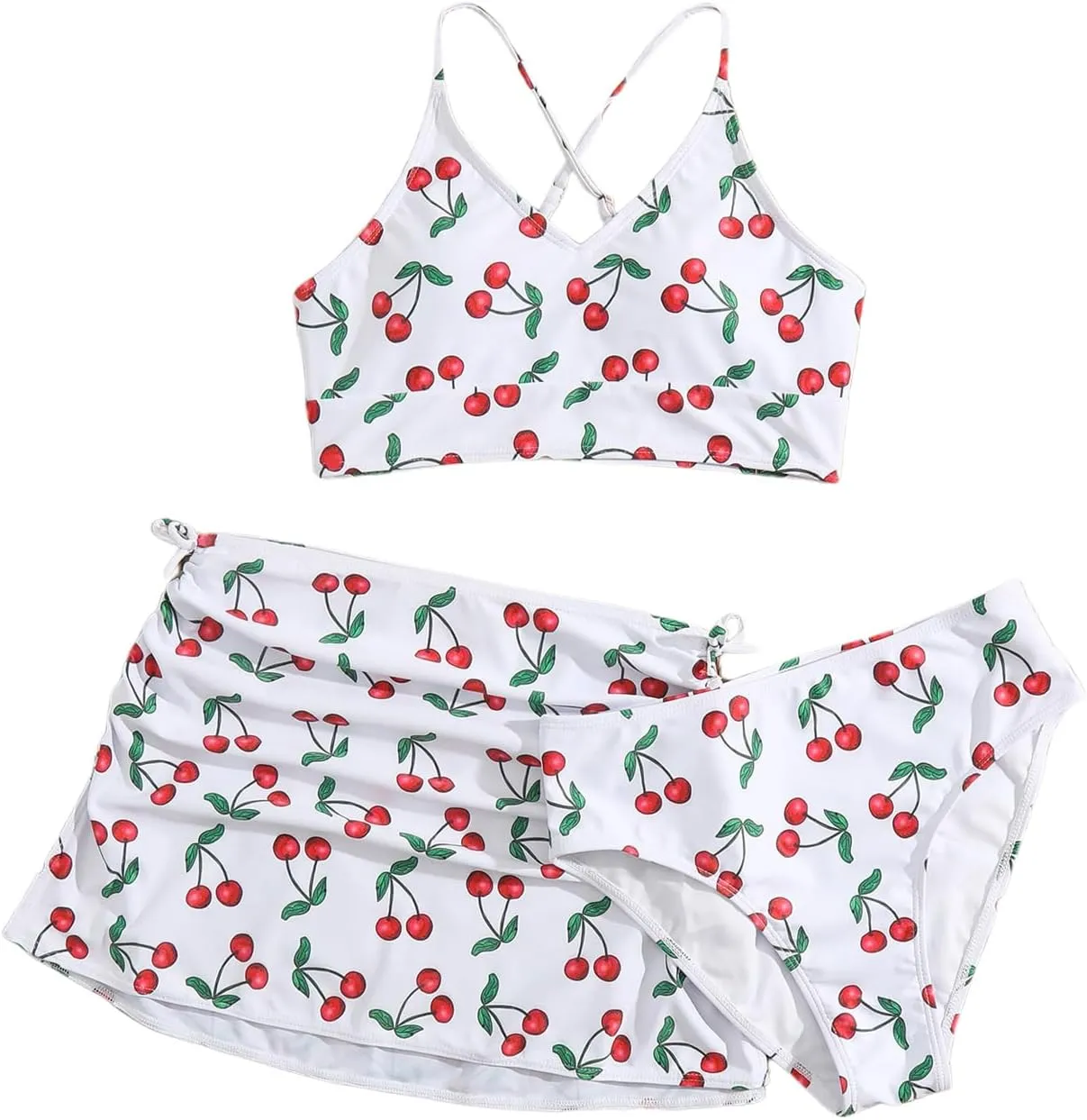 Floerns Girl's 3 Piece Swimsuit Cherry Print Cute Bikini Set with Cover Up Skirt