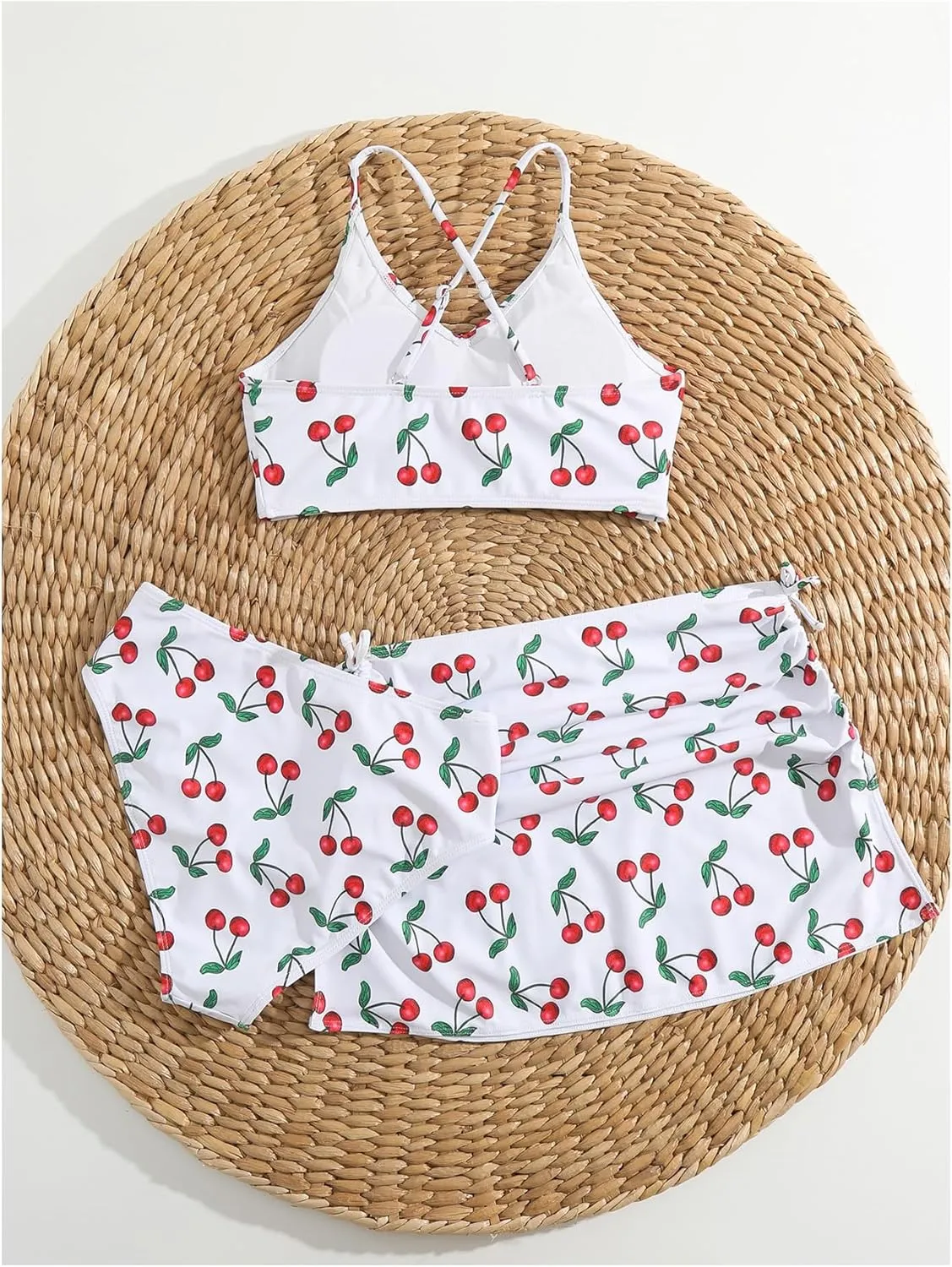 Floerns Girl's 3 Piece Swimsuit Cherry Print Cute Bikini Set with Cover Up Skirt