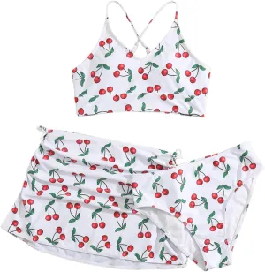 Floerns Girl's 3 Piece Swimsuit Cherry Print Cute Bikini Set with Cover Up Skirt
