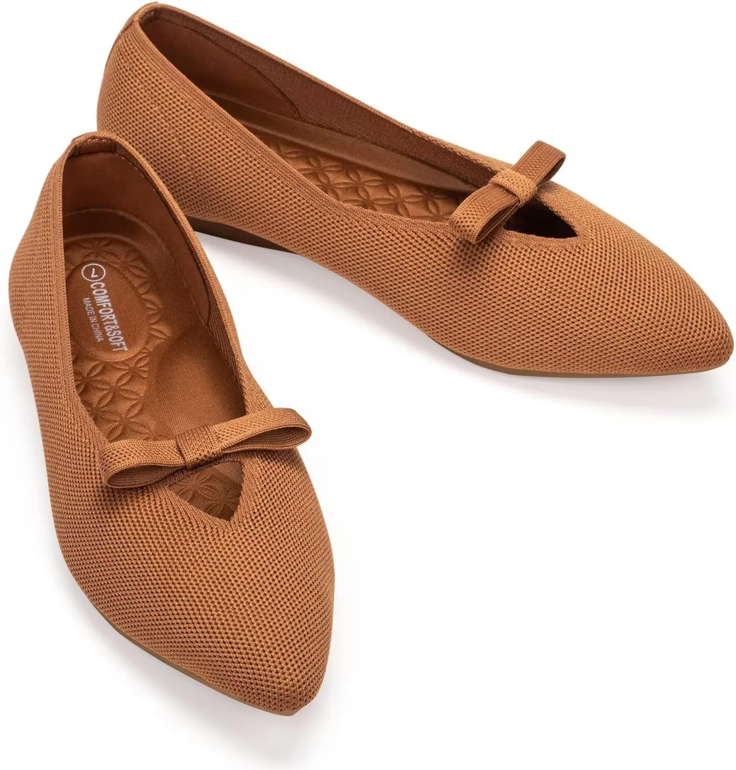 Frank Mully Women's Knitted Flats with Bow Pointed Toe Ballet Shoes Soft Fabric Ballerina Dressy Flats for Women