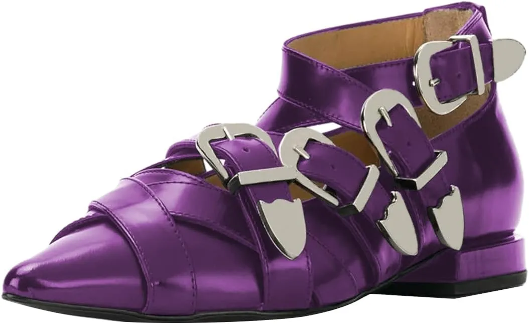 FSJ Women Pointed Toe Metal Buckle Design Flats Low Heel Loafers Strappy Criss Cross Lace-up Sweet Cool Trendy Pumps Shoes Size 4-16 US