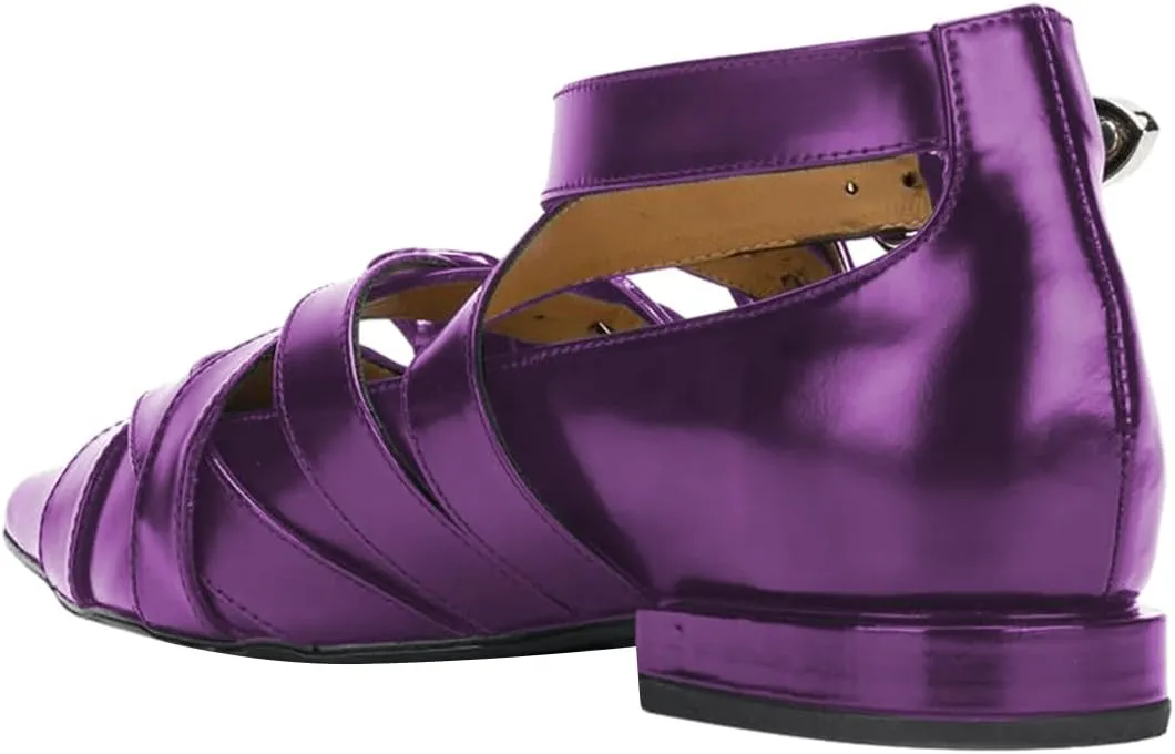 FSJ Women Pointed Toe Metal Buckle Design Flats Low Heel Loafers Strappy Criss Cross Lace-up Sweet Cool Trendy Pumps Shoes Size 4-16 US