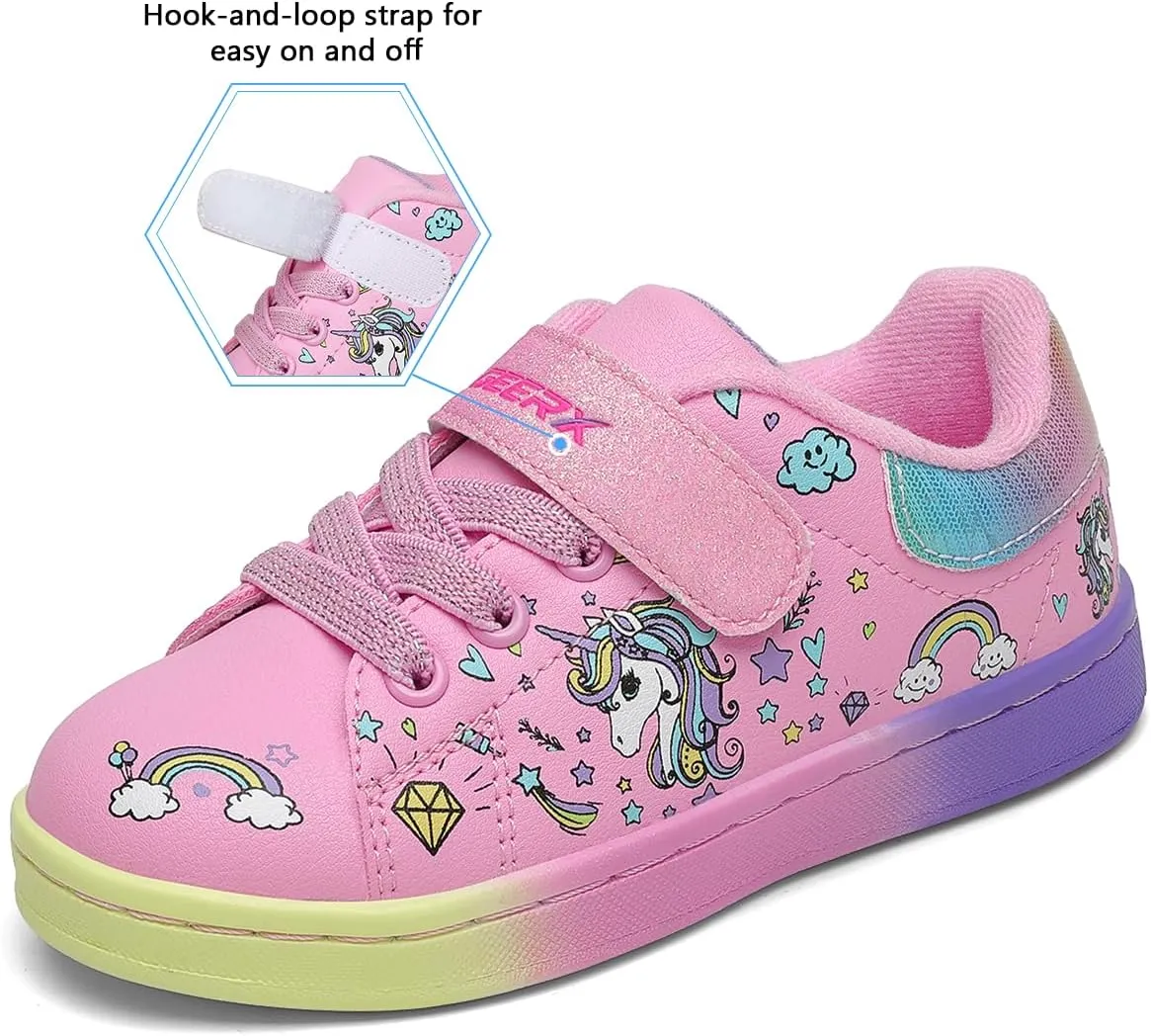 GEERX Toddler Girl Shoe Lightweight Casual Adjustable Strap Cute Unicorn Sneaker Comfortable for Walking Running (Infant/Toddler/Little Kid)