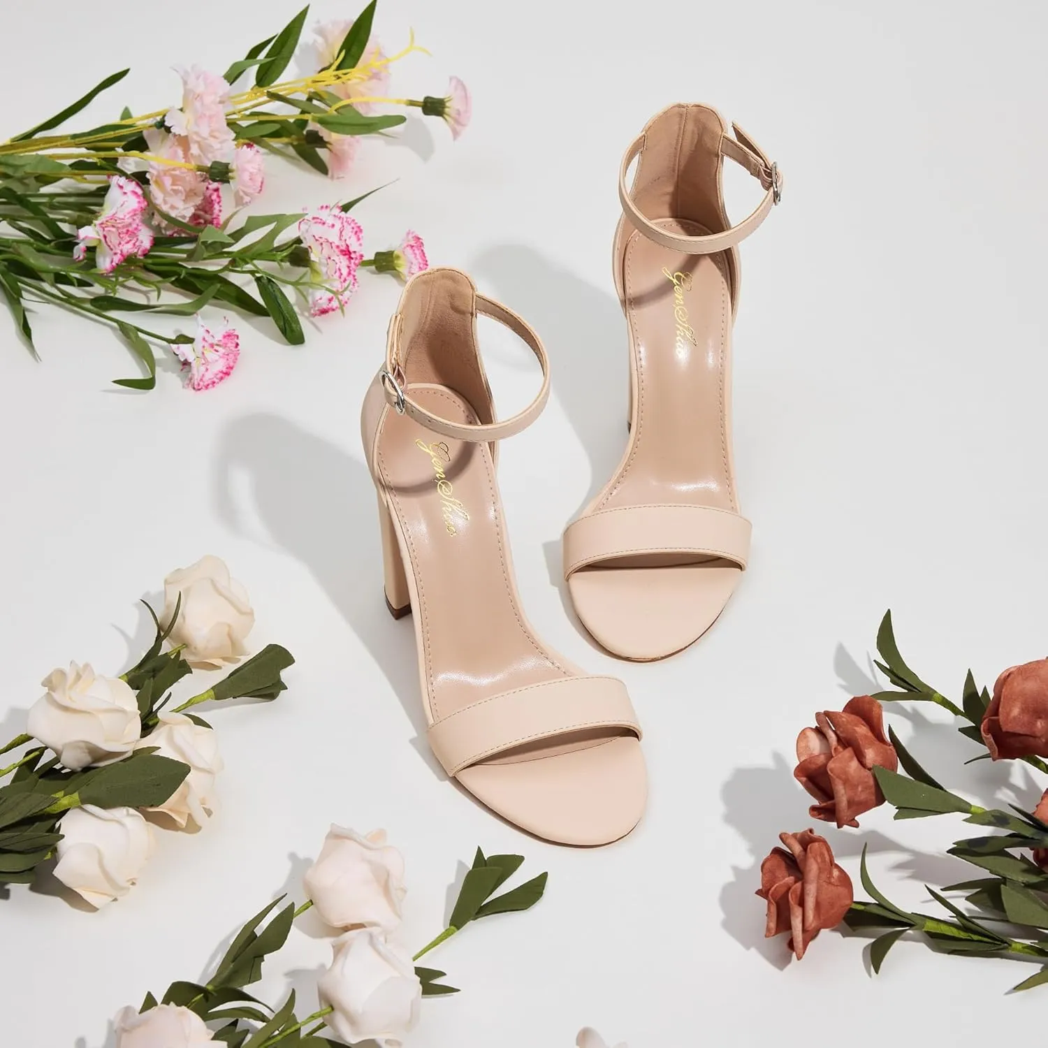 GENSHUO Women's 4-inch Chunky High Heel Sandals with Ankle Strap,Party Wedding Bridal Shoes