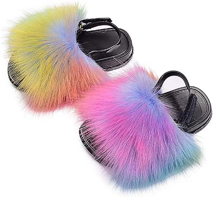 Girls Faux Fur Slides Colorful Toddler Slippers Furry Sandals Shoes with Elastic Back Strap
