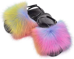 Girls Faux Fur Slides Colorful Toddler Slippers Furry Sandals Shoes with Elastic Back Strap