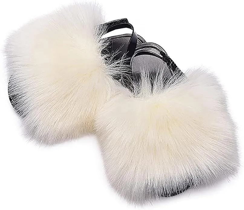 Girls Faux Fur Slides Colorful Toddler Slippers Furry Sandals Shoes with Elastic Back Strap