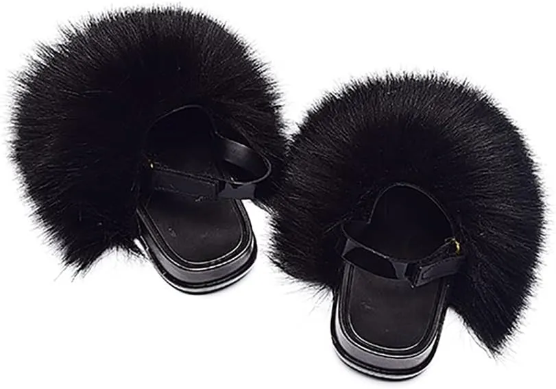 Girls Faux Fur Slides Colorful Toddler Slippers Furry Sandals Shoes with Elastic Back Strap