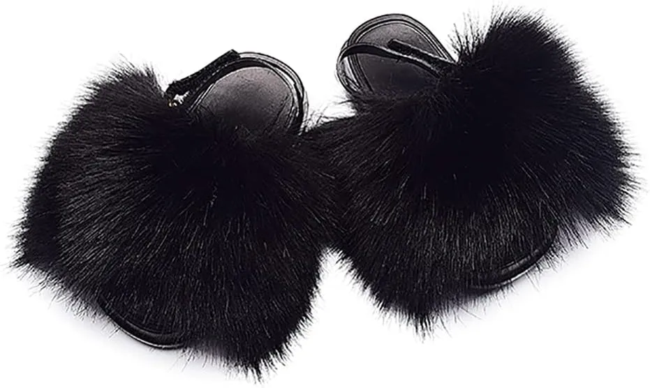Girls Faux Fur Slides Colorful Toddler Slippers Furry Sandals Shoes with Elastic Back Strap