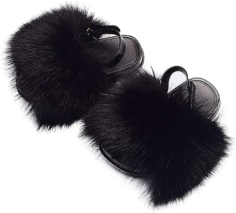 Girls Faux Fur Slides Colorful Toddler Slippers Furry Sandals Shoes with Elastic Back Strap