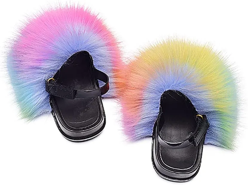 Girls Faux Fur Slides Colorful Toddler Slippers Furry Sandals Shoes with Elastic Back Strap