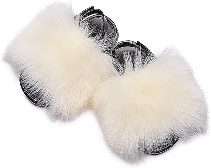 Girls Faux Fur Slides Colorful Toddler Slippers Furry Sandals Shoes with Elastic Back Strap