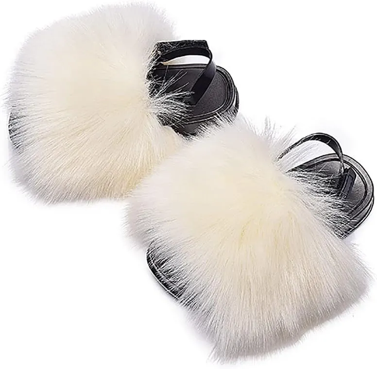 Girls Faux Fur Slides Colorful Toddler Slippers Furry Sandals Shoes with Elastic Back Strap