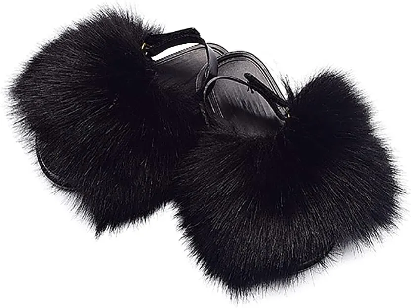 Girls Faux Fur Slides Colorful Toddler Slippers Furry Sandals Shoes with Elastic Back Strap
