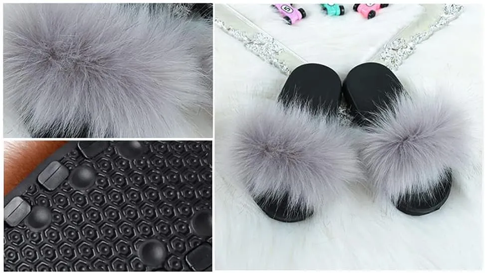Girls Faux Fur Slippers Indoor Outdoor Furry Slides Colorful Beach Sandals Shoes