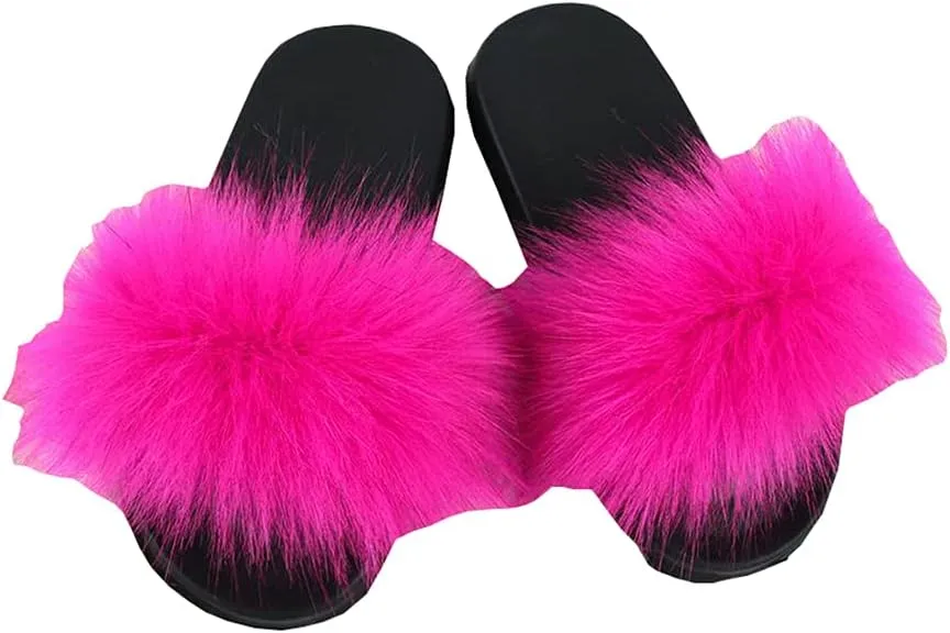 Girls Faux Fur Slippers Indoor Outdoor Furry Slides Colorful Beach Sandals Shoes