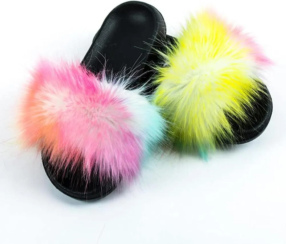 Girls Faux Fur Slippers Indoor Outdoor Furry Slides Colorful Beach Sandals Shoes