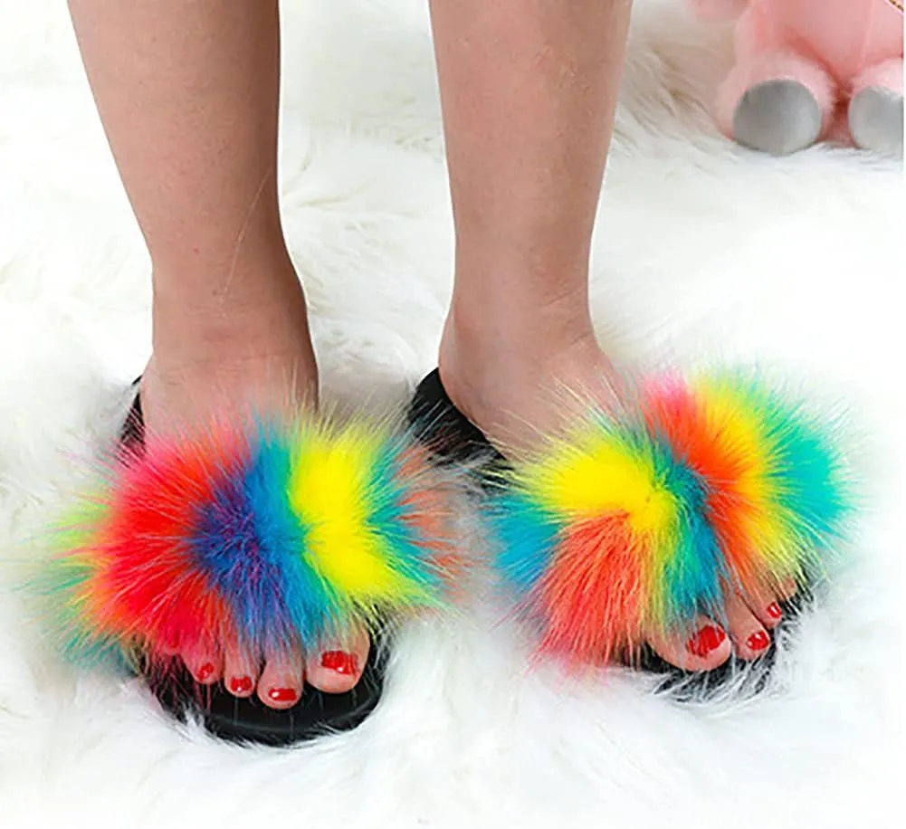 Girls Faux Fur Slippers Indoor Outdoor Furry Slides Colorful Beach Sandals Shoes