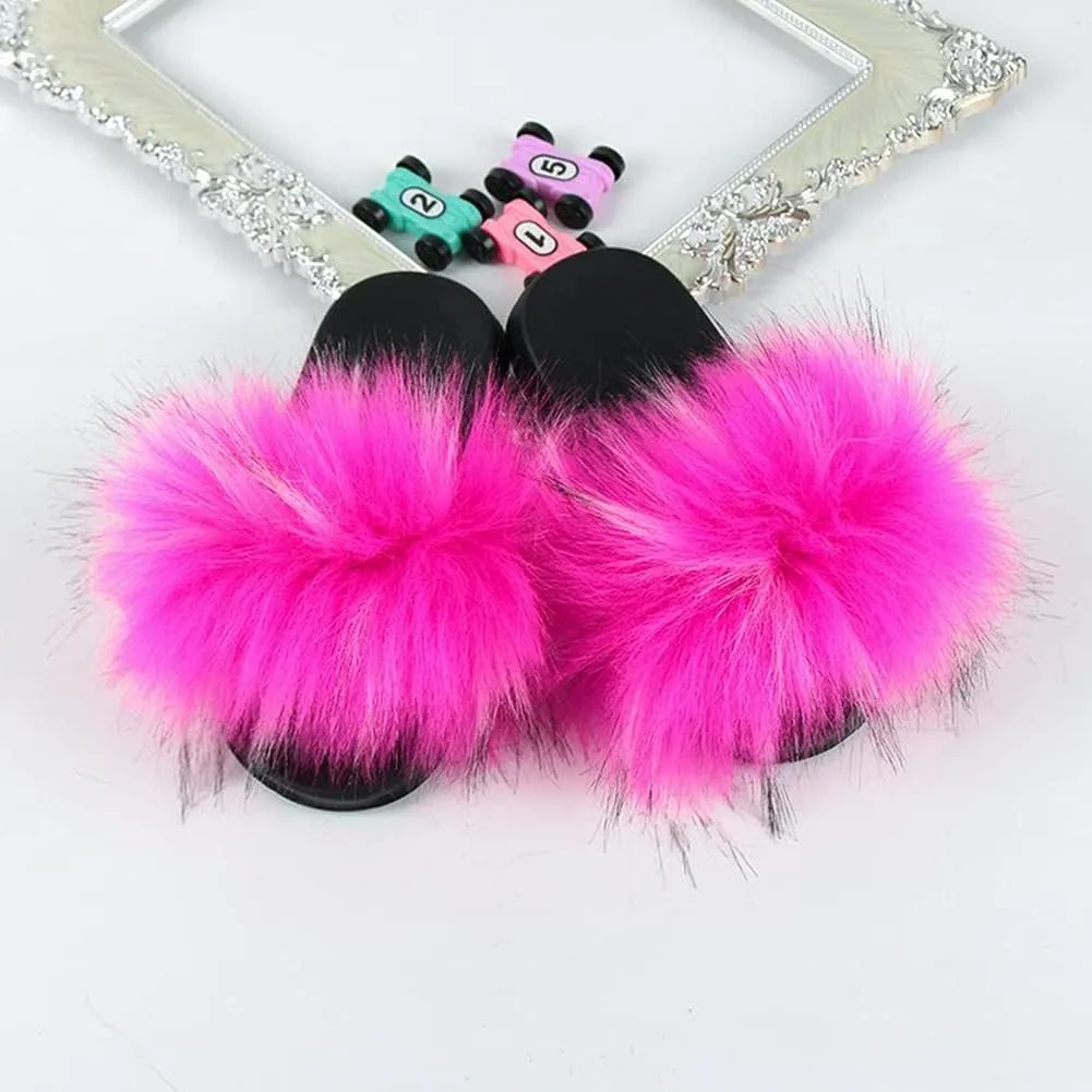 Girls Faux Fur Slippers Indoor Outdoor Furry Slides Colorful Beach Sandals Shoes