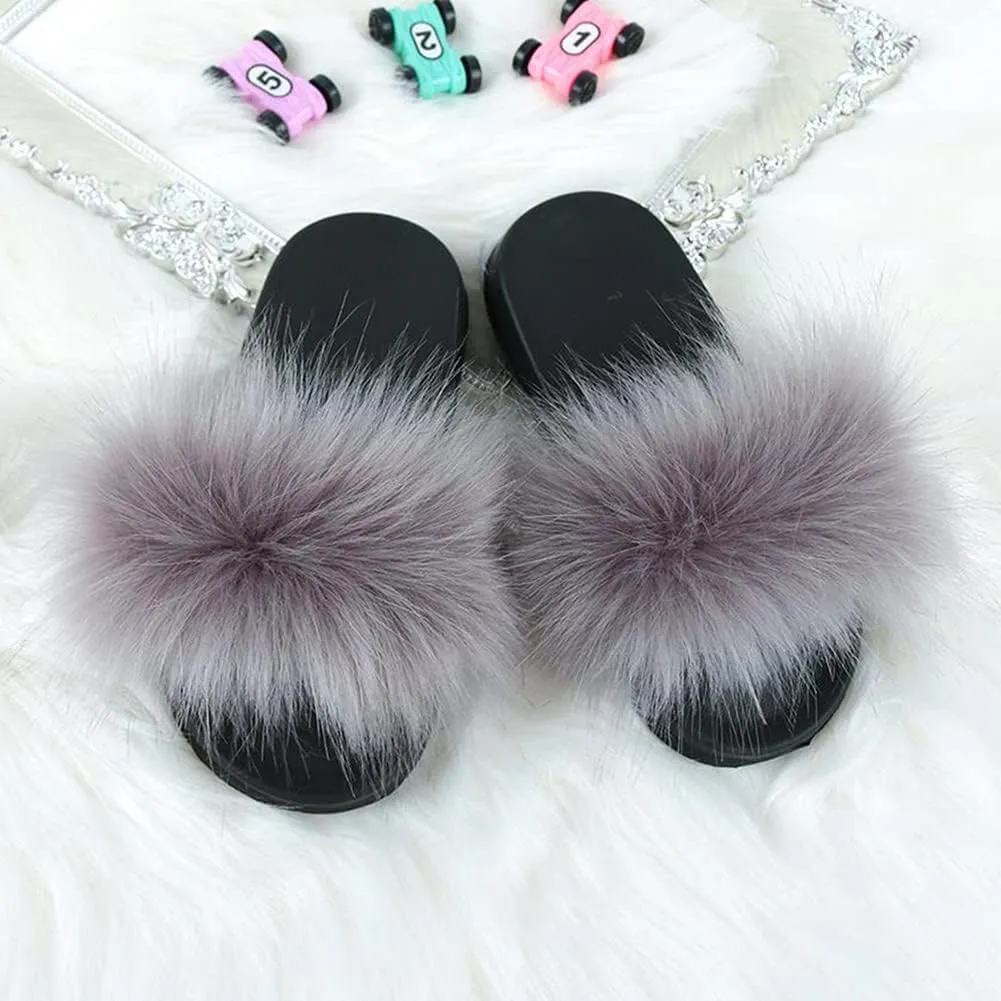 Girls Faux Fur Slippers Indoor Outdoor Furry Slides Colorful Beach Sandals Shoes