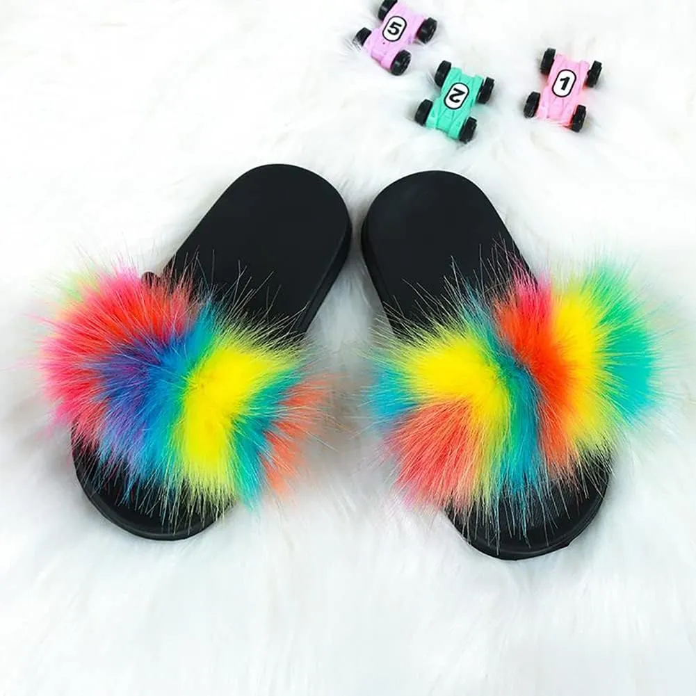 Girls Faux Fur Slippers Indoor Outdoor Furry Slides Colorful Beach Sandals Shoes