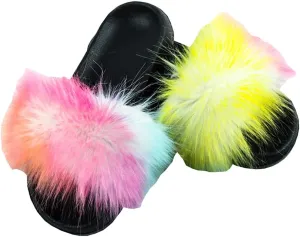 Girls Faux Fur Slippers Indoor Outdoor Furry Slides Colorful Beach Sandals Shoes