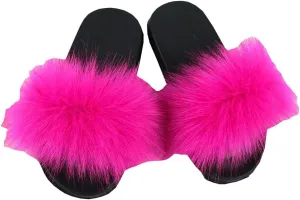 Girls Faux Fur Slippers Indoor Outdoor Furry Slides Colorful Beach Sandals Shoes