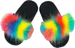 Girls Faux Fur Slippers Indoor Outdoor Furry Slides Colorful Beach Sandals Shoes