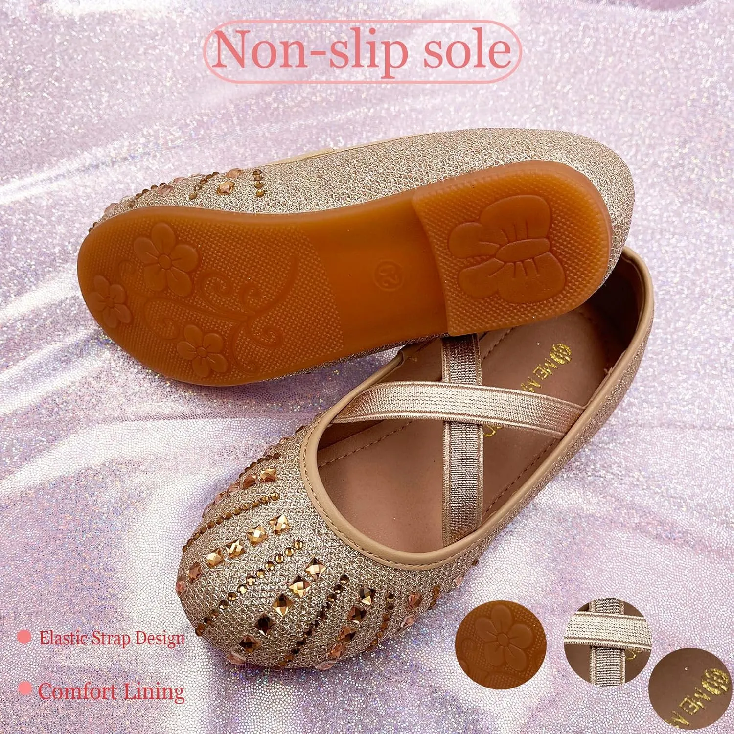Girls Mary Jane Dress Shoes Rhinestone Dress Shoes Slip On Girl Ballet Flats for Wedding Party, Christmas（Little Kid/Big Kid）
