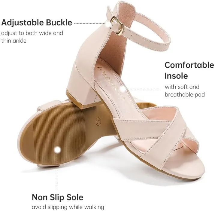 Girls Sandals Open Toe High Heels Fancy Dress Shoes Ankle Strap Chunky Block Heels Flower Girls Wedding Party Dressy Shoes for Toddler Little Big Kids