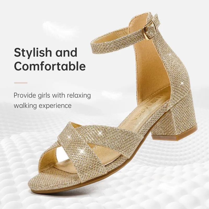 Girls Sandals Open Toe High Heels Fancy Dress Shoes Ankle Strap Chunky Block Heels Flower Girls Wedding Party Dressy Shoes for Toddler Little Big Kids