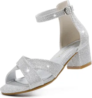 Girls Sandals Open Toe High Heels Fancy Dress Shoes Ankle Strap Chunky Block Heels Flower Girls Wedding Party Dressy Shoes for Toddler Little Big Kids
