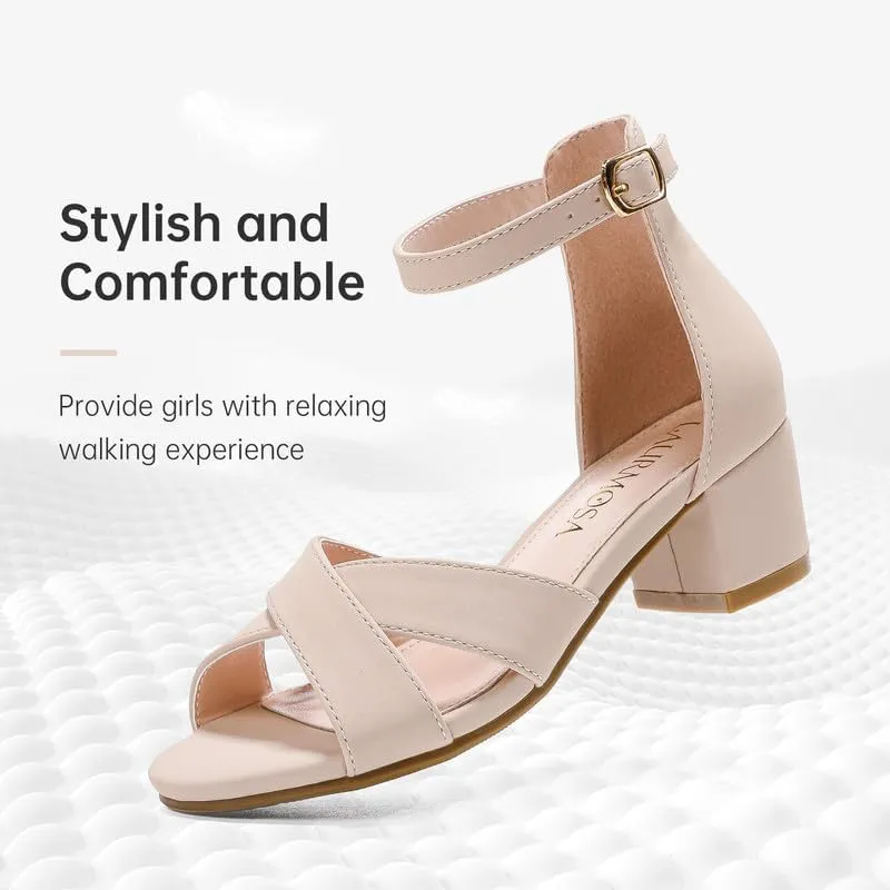 Girls Sandals Open Toe High Heels Fancy Dress Shoes Ankle Strap Chunky Block Heels Flower Girls Wedding Party Dressy Shoes for Toddler Little Big Kids