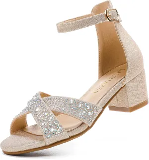 Girls Sandals Open Toe High Heels Fancy Dress Shoes Ankle Strap Chunky Block Heels Flower Girls Wedding Party Dressy Shoes for Toddler Little Big Kids