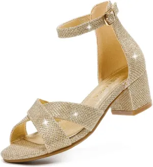 Girls Sandals Open Toe High Heels Fancy Dress Shoes Ankle Strap Chunky Block Heels Flower Girls Wedding Party Dressy Shoes for Toddler Little Big Kids