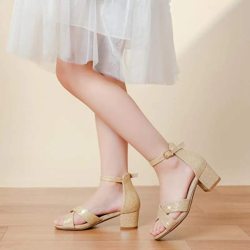 Girls Sandals Open Toe High Heels Fancy Dress Shoes Ankle Strap Chunky Block Heels Flower Girls Wedding Party Dressy Shoes for Toddler Little Big Kids