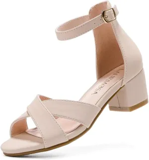 Girls Sandals Open Toe High Heels Fancy Dress Shoes Ankle Strap Chunky Block Heels Flower Girls Wedding Party Dressy Shoes for Toddler Little Big Kids