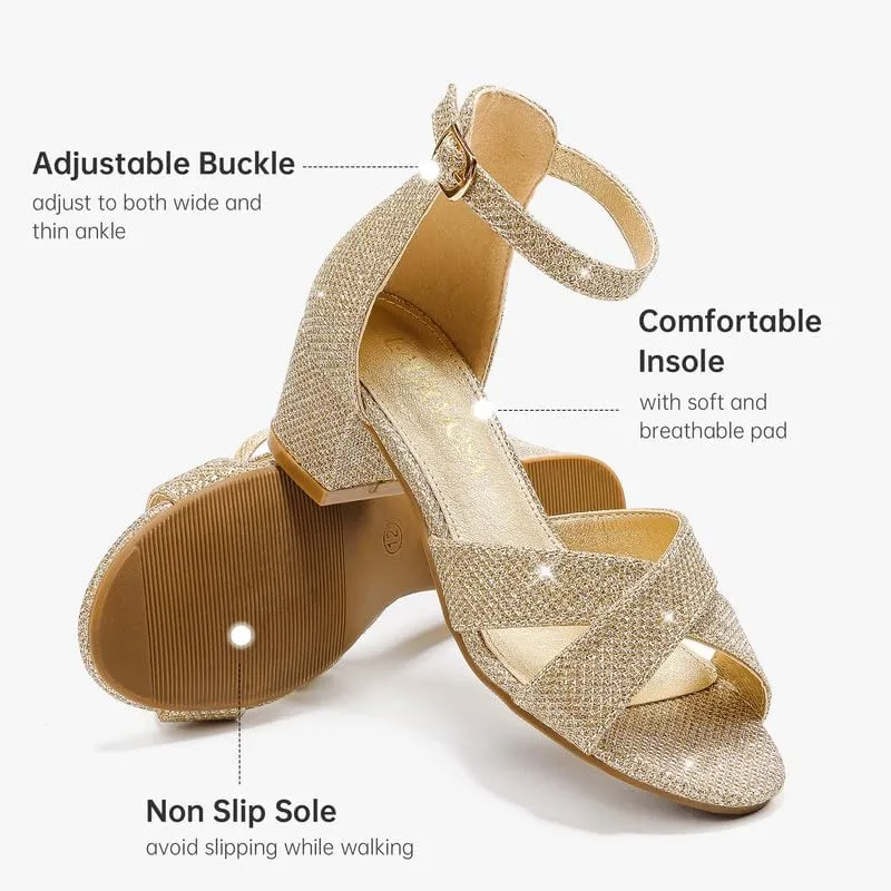 Girls Sandals Open Toe High Heels Fancy Dress Shoes Ankle Strap Chunky Block Heels Flower Girls Wedding Party Dressy Shoes for Toddler Little Big Kids