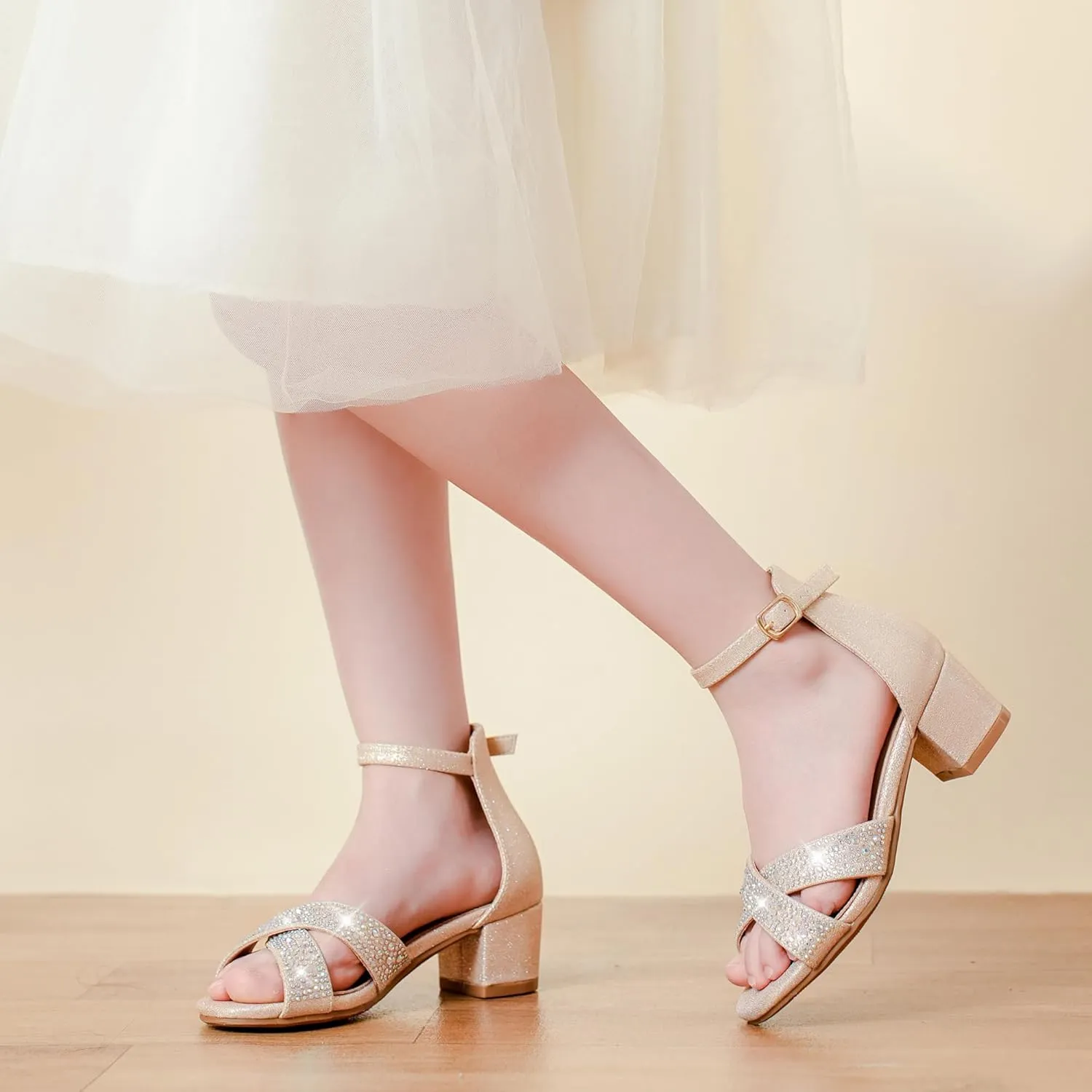 Girls Sandals Open Toe High Heels Fancy Dress Shoes Ankle Strap Chunky Block Heels Flower Girls Wedding Party Dressy Shoes for Toddler Little Big Kids
