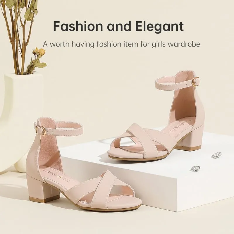 Girls Sandals Open Toe High Heels Fancy Dress Shoes Ankle Strap Chunky Block Heels Flower Girls Wedding Party Dressy Shoes for Toddler Little Big Kids