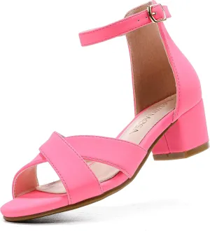 Girls Sandals Open Toe High Heels Fancy Dress Shoes Ankle Strap Chunky Block Heels Flower Girls Wedding Party Dressy Shoes for Toddler Little Big Kids