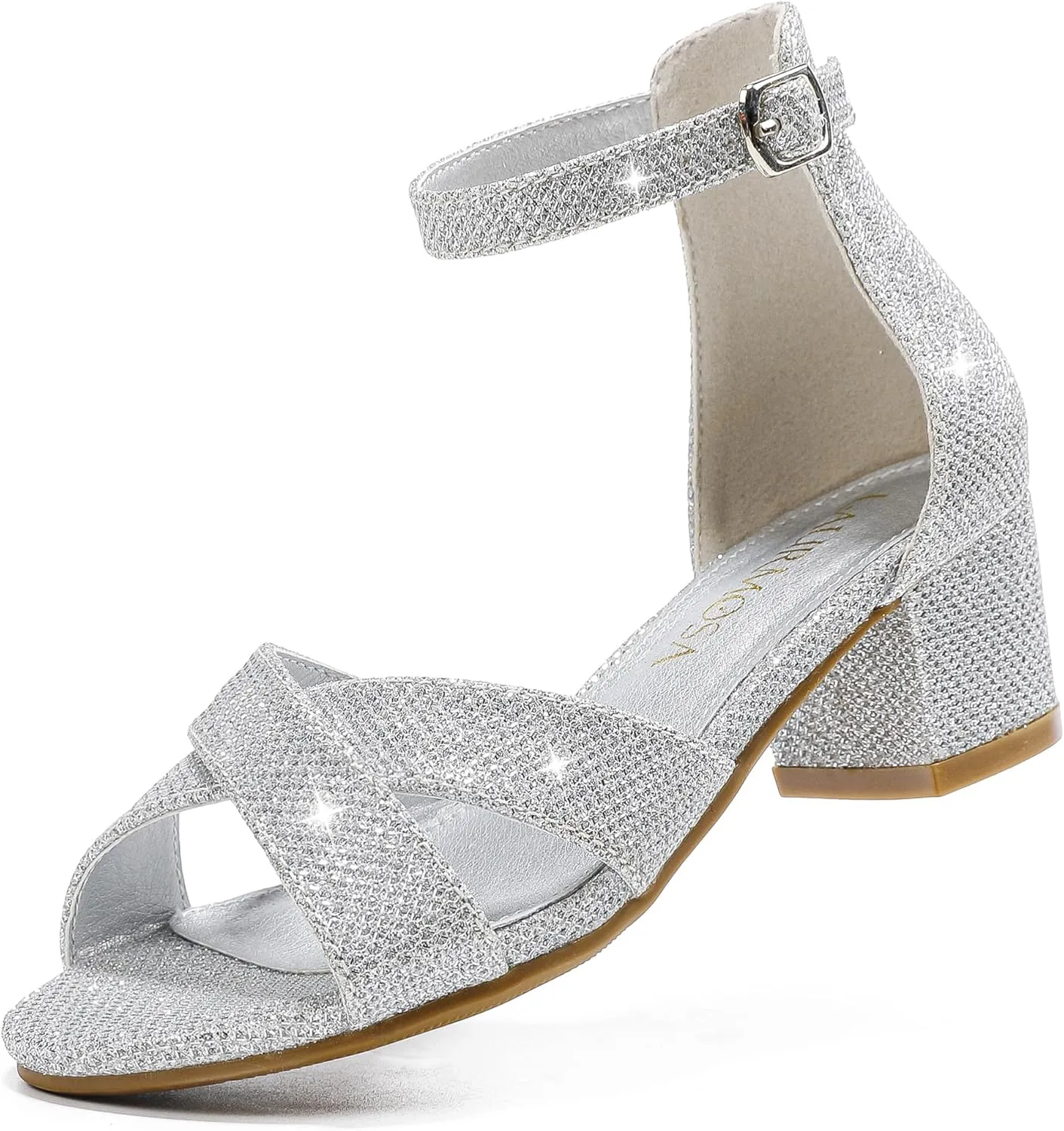 Girls Sandals Open Toe High Heels Fancy Dress Shoes Ankle Strap Chunky Block Heels Flower Girls Wedding Party Dressy Shoes for Toddler Little Big Kids