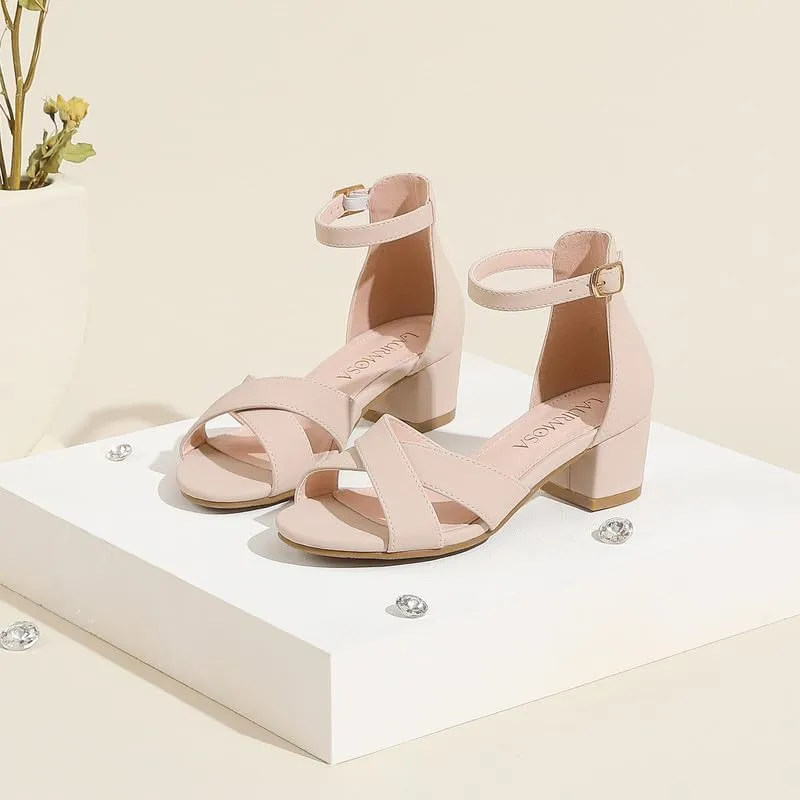 Girls Sandals Open Toe High Heels Fancy Dress Shoes Ankle Strap Chunky Block Heels Flower Girls Wedding Party Dressy Shoes for Toddler Little Big Kids