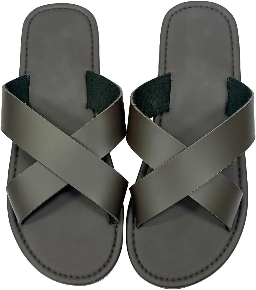 GORGLITTER Men's Criss Cross Strap Flats Sandals Open Toe Slippers Pu Leather Beach Shoes