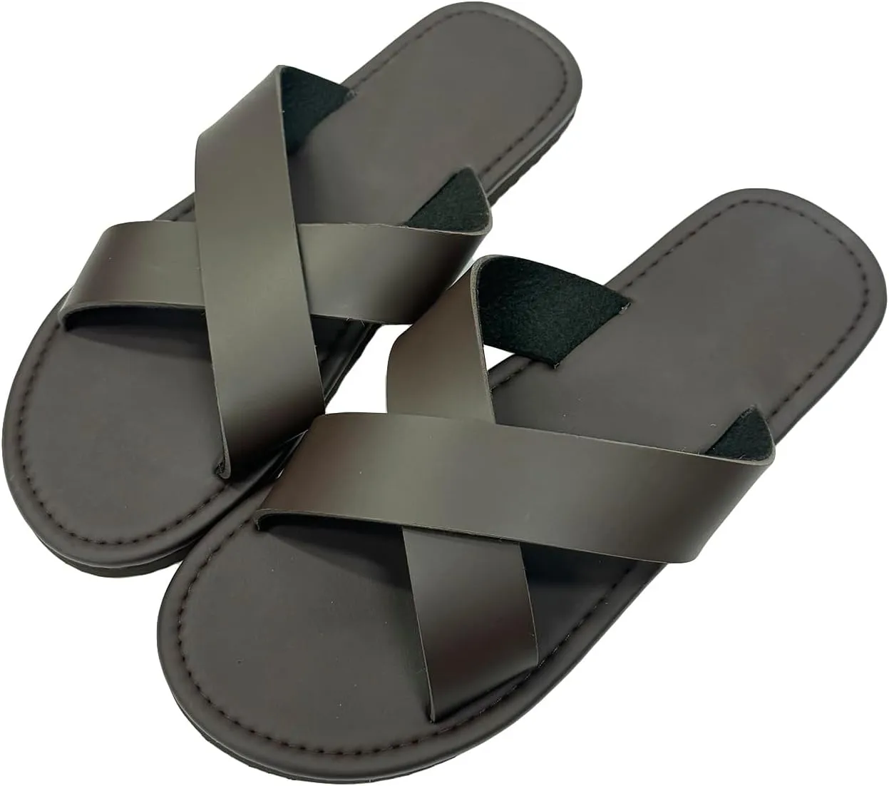 GORGLITTER Men's Criss Cross Strap Flats Sandals Open Toe Slippers Pu Leather Beach Shoes