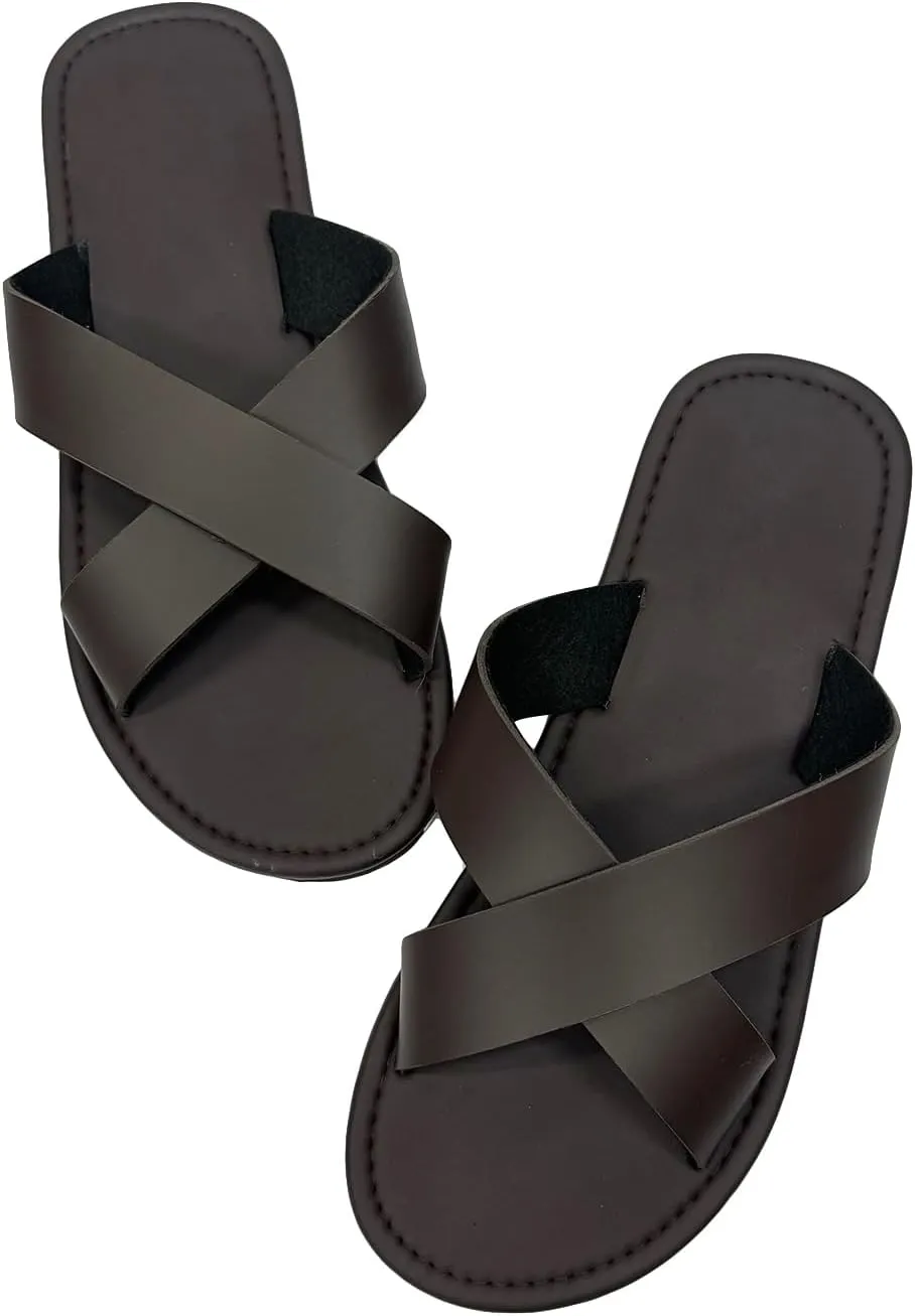 GORGLITTER Men's Criss Cross Strap Flats Sandals Open Toe Slippers Pu Leather Beach Shoes