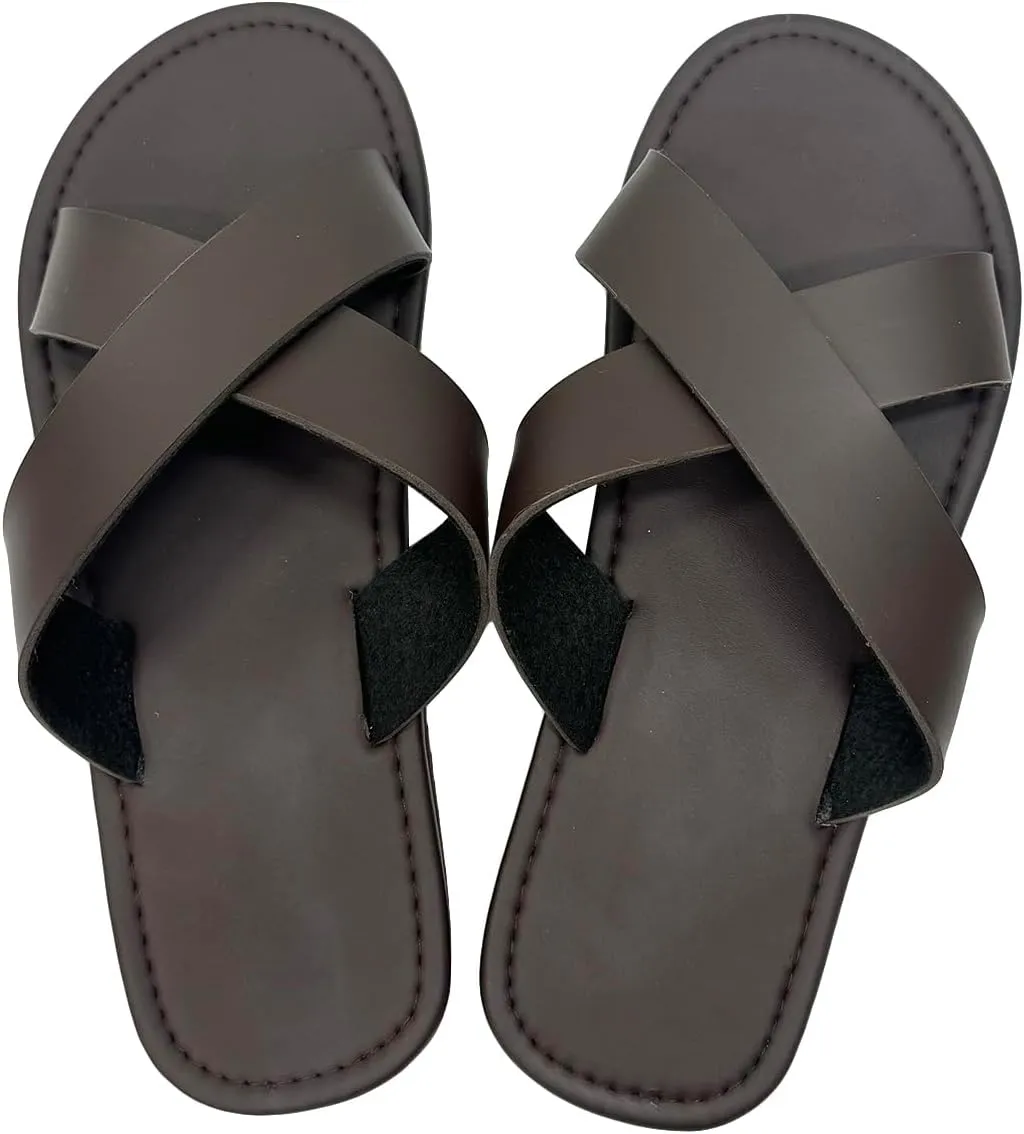 GORGLITTER Men's Criss Cross Strap Flats Sandals Open Toe Slippers Pu Leather Beach Shoes