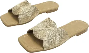 GORGLITTER Women's Braided Straw Flats Square Open Toe Vacation Beach Shoes Single Band Slide Sandals